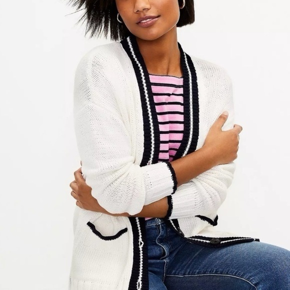 NWT LOFT Tipped Relaxed V-Neck Pocket Mid-Length Knit Cardigan Size Medium. 4 - Picture 4 of 10